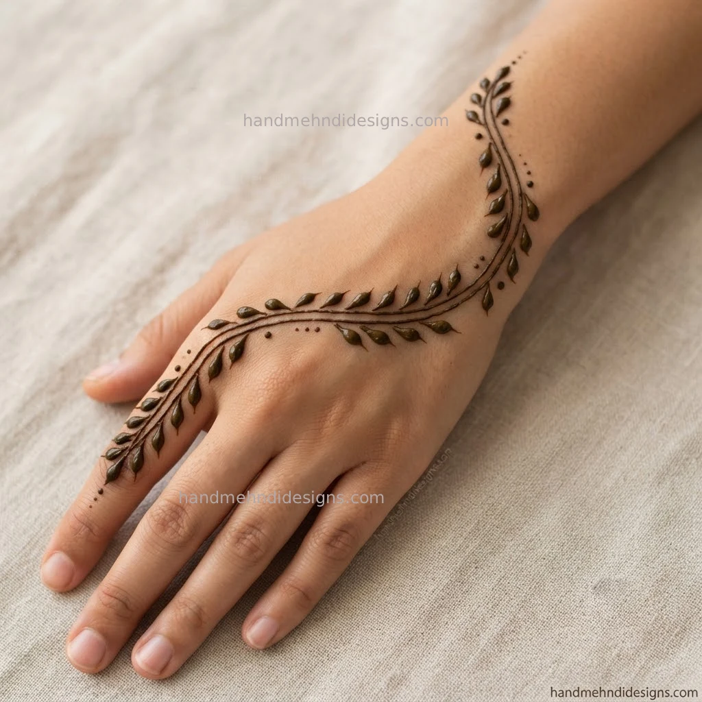 Beginner mehndi design showing simple repeated teardrop leaves along a thin curved vine