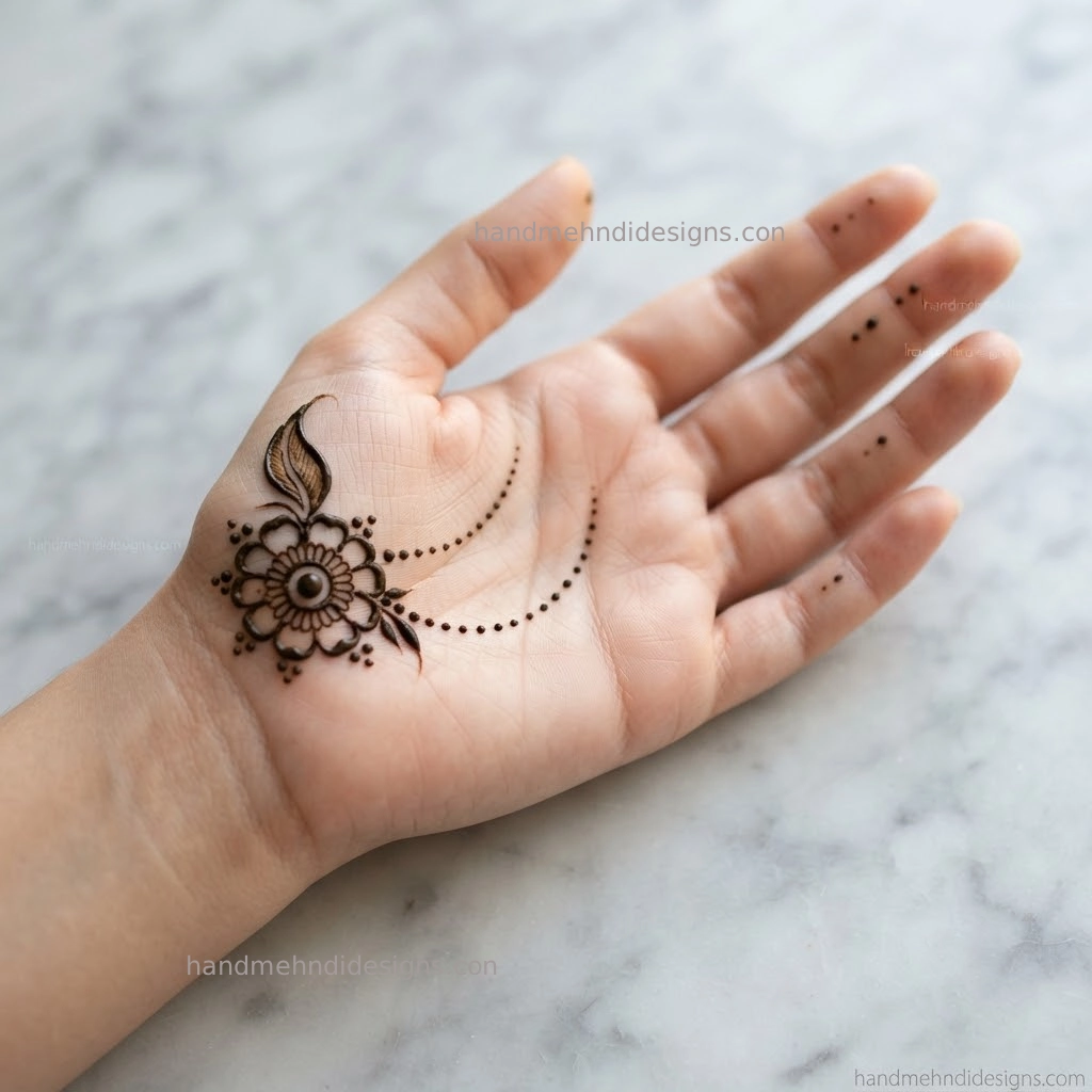 Half palm mehndi with a small corner mandala, rounded petals, leaf accent and dotted trail
