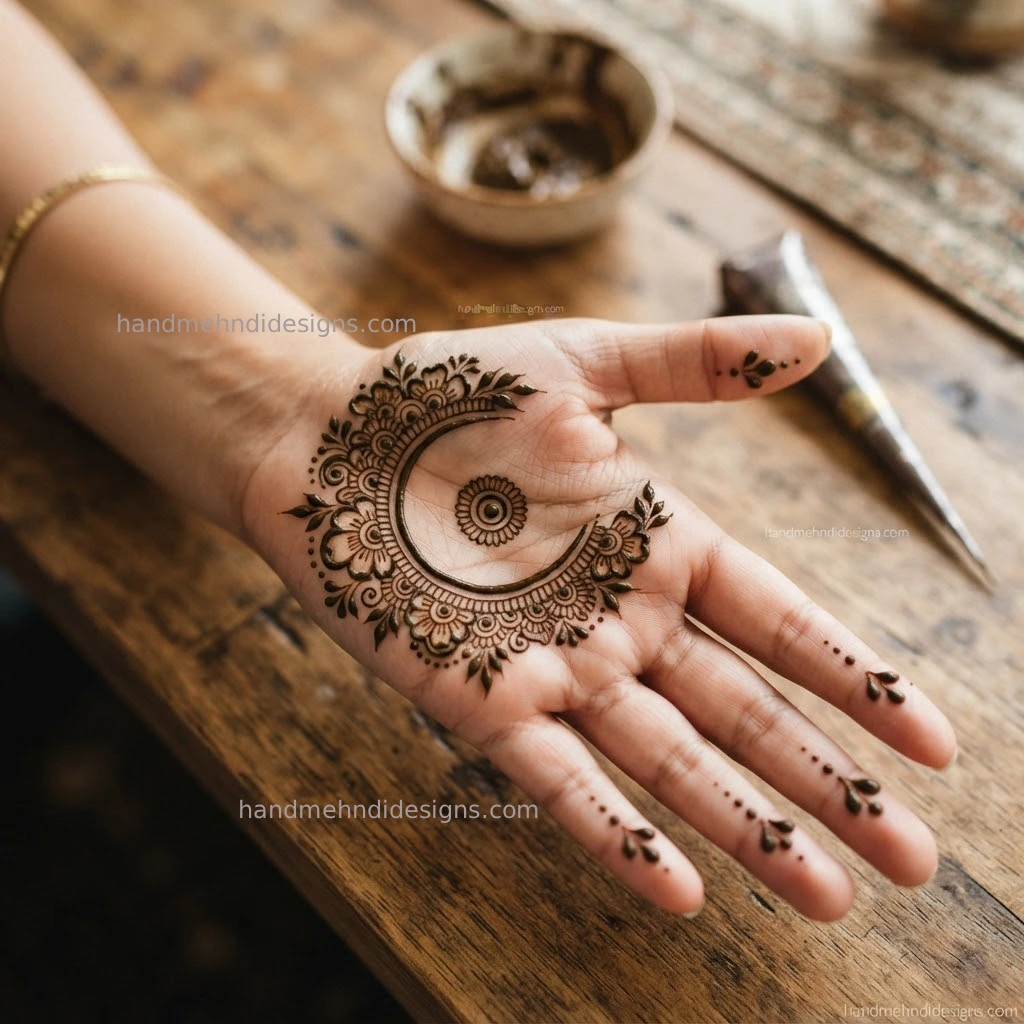Crescent-style palm mandala mehndi with tiny petals, a center circle and delicate dots