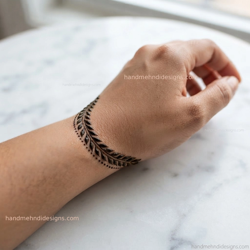 Curved wrist mehndi featuring an elegant vine of elongated leaves and tiny dots