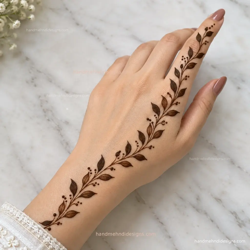 Diagonal leaf mehndi pattern flowing from the wrist toward the index finger on the back hand