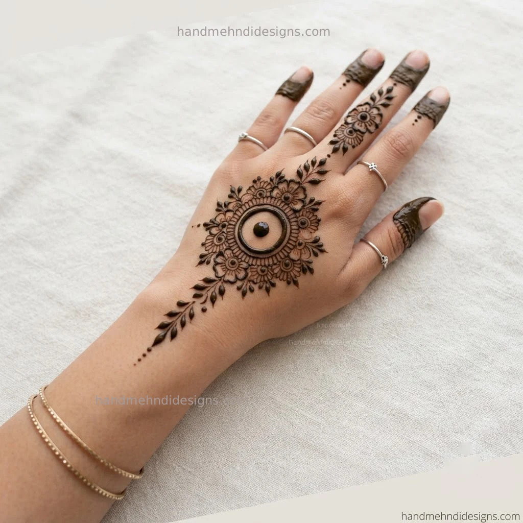 Diagonal back hand mehndi featuring a floral mandala with small leaves and scattered dots