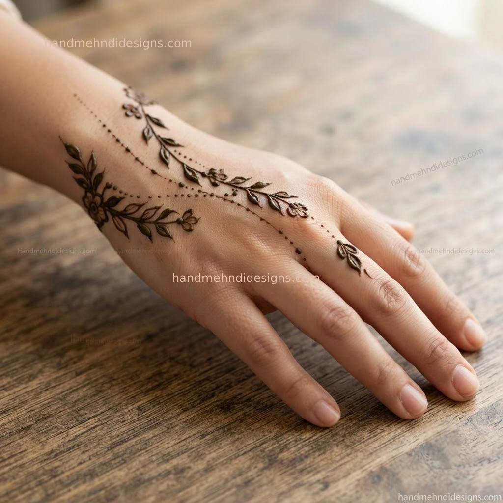 Diagonal back hand mehndi featuring a leafy chain with tiny floral buds