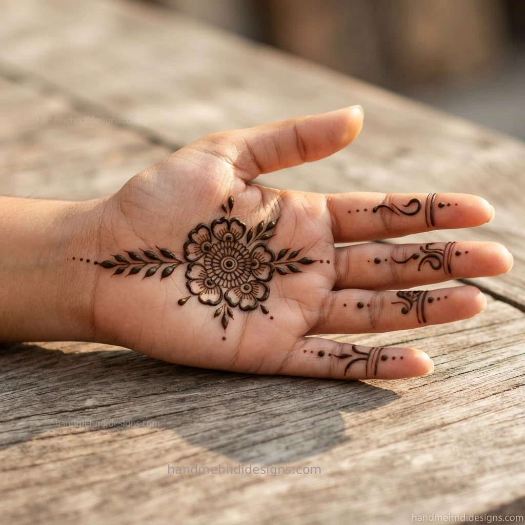 Finished easy beginner mehndi design featuring a central floral mandala, leafy vine, tiny dots, and simple finger patterns.