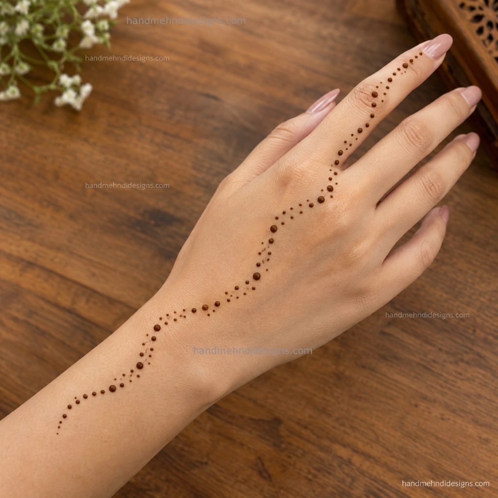 Easy dot trail mehndi pattern flowing diagonally from the wrist toward the fingers