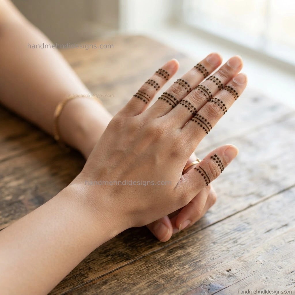 Easy finger dot mehndi design featuring tiny horizontal dotted bands across the fingers
