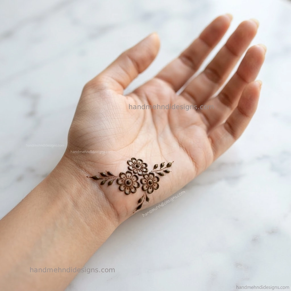 Easy floral dot mehndi design with three small dotted flower clusters on the front hand