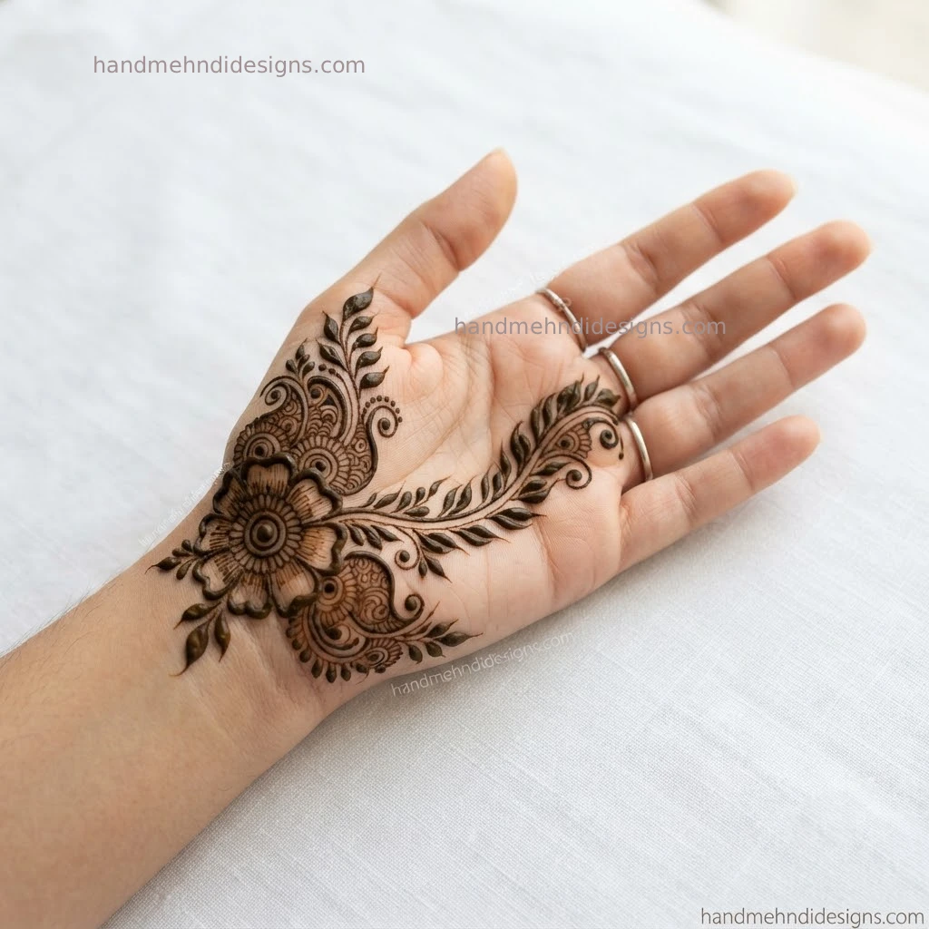 Arabic floral trail mehndi with a bold flower near the thumb and a curved leafy vine extending across the palm.
