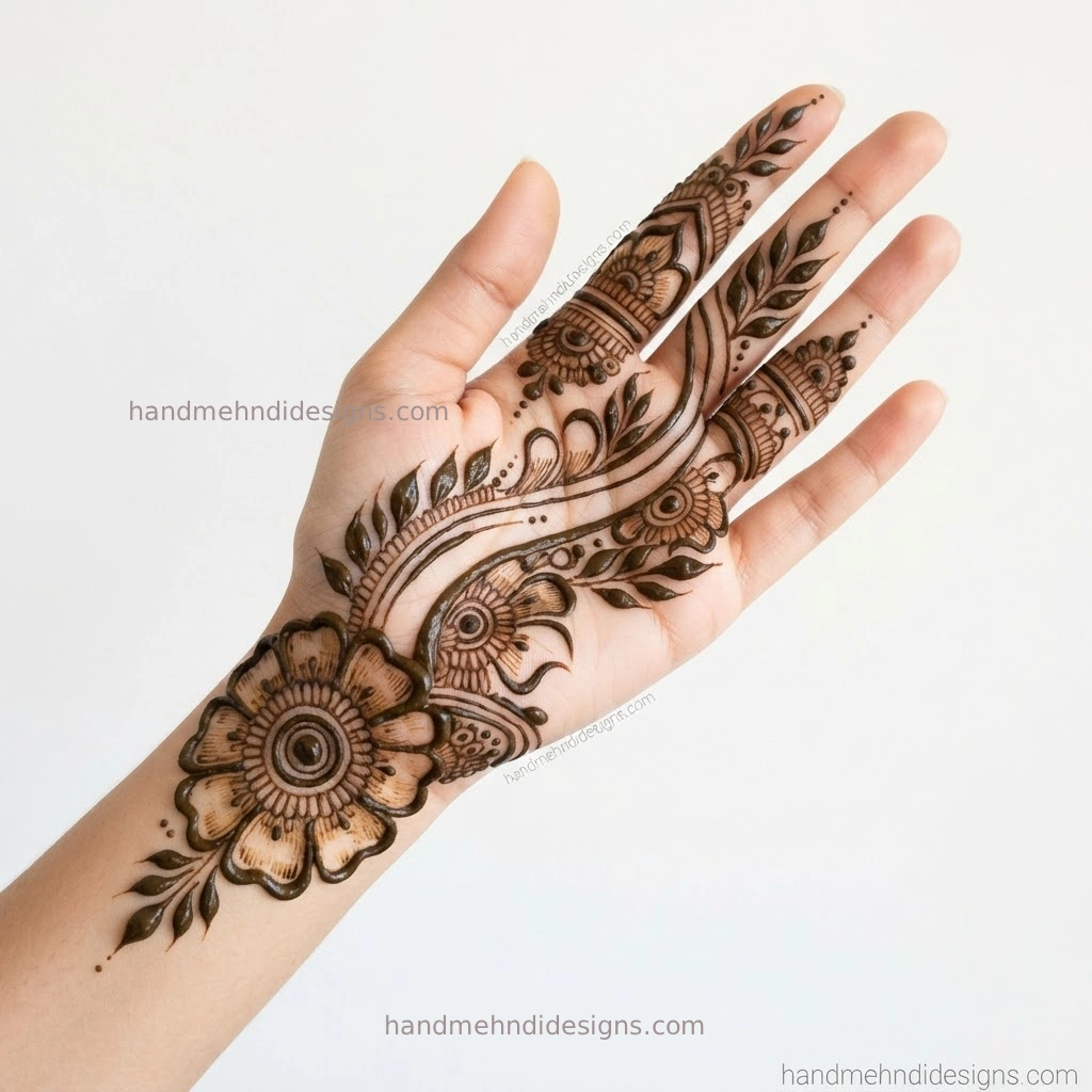 Arabic front hand mehndi with a bold floral motif, sweeping curves, leafy details, and spaced dot fillers.