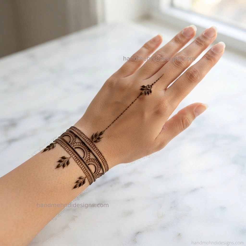 Front hand bracelet mehndi with a slim wrist band, curved arches, dotted borders, and delicate hanging leaf charms