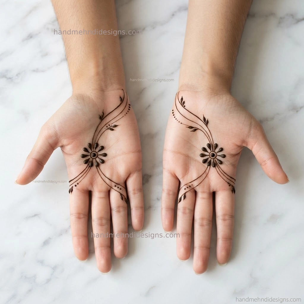 Easy front hand dot flower mehndi design with a central dot, teardrop petals, and delicate curved accents.