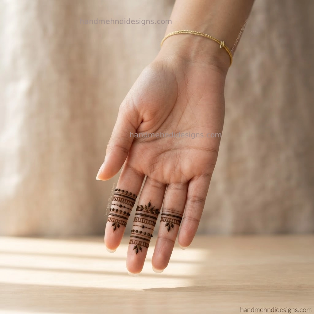 Front hand finger band mehndi with thin horizontal henna lines, tiny leaves, and dot accents on three fingers.