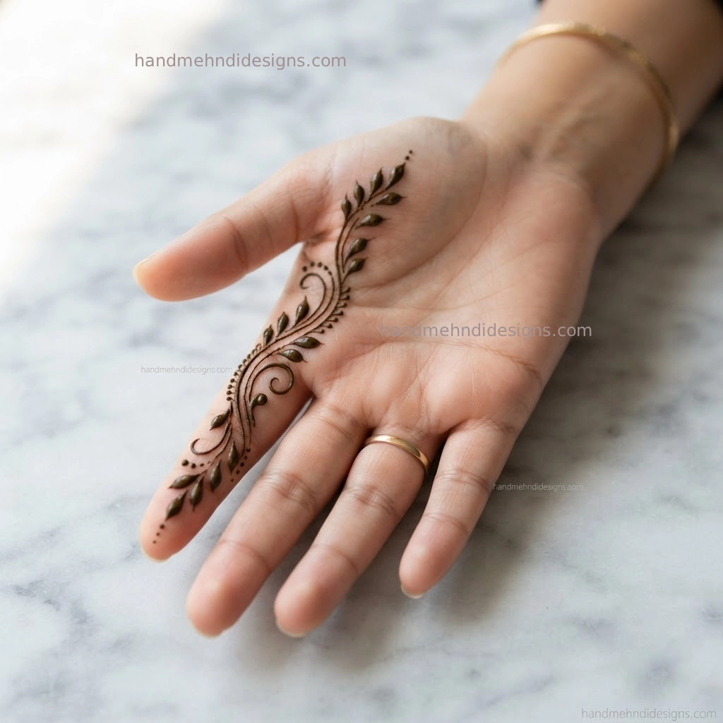 Easy finger mehndi design with a thin leafy trail and tiny dots decorating the index finger.