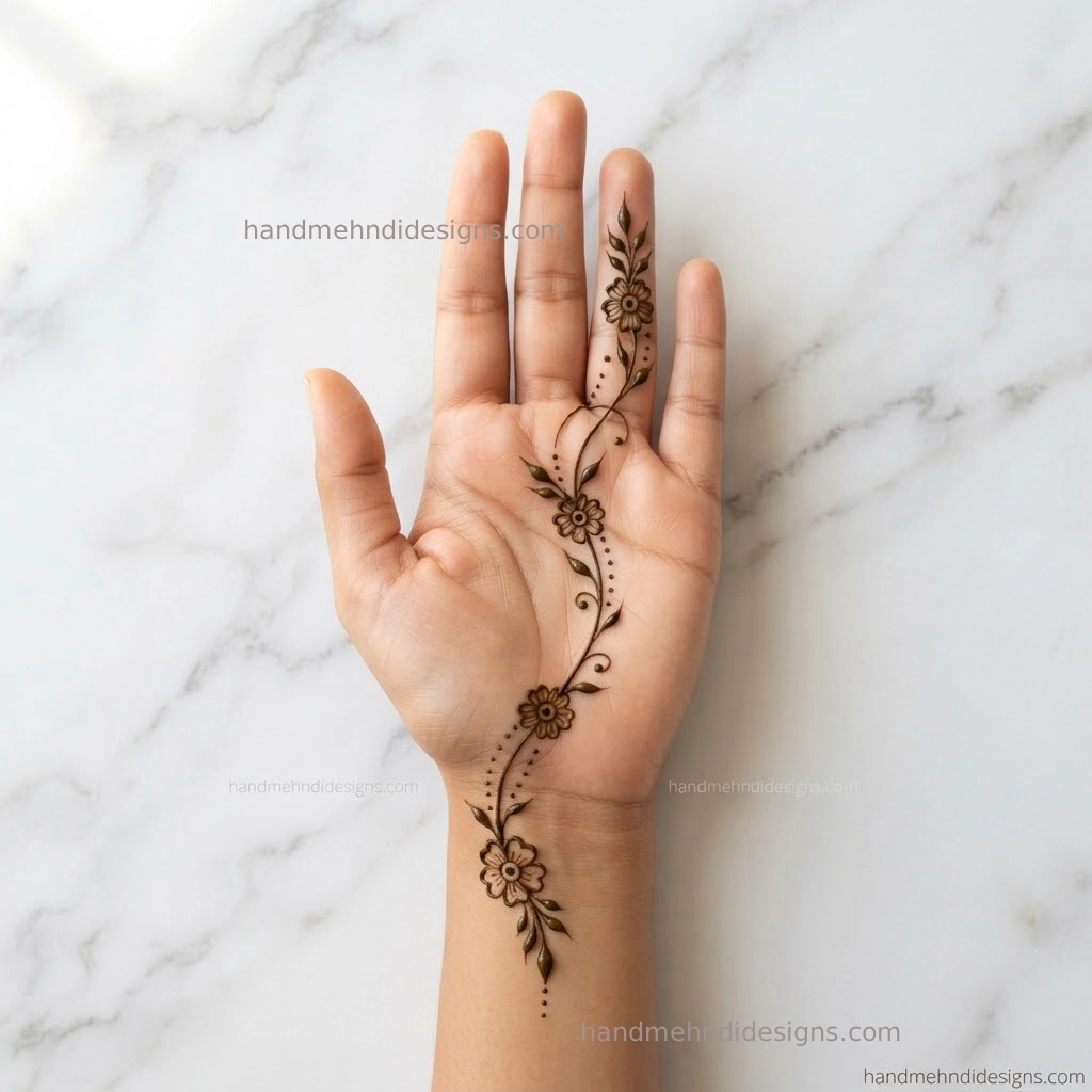 Minimal front hand floral chain mehndi with tiny connected flowers and leaves extending from the wrist toward the ring finger.