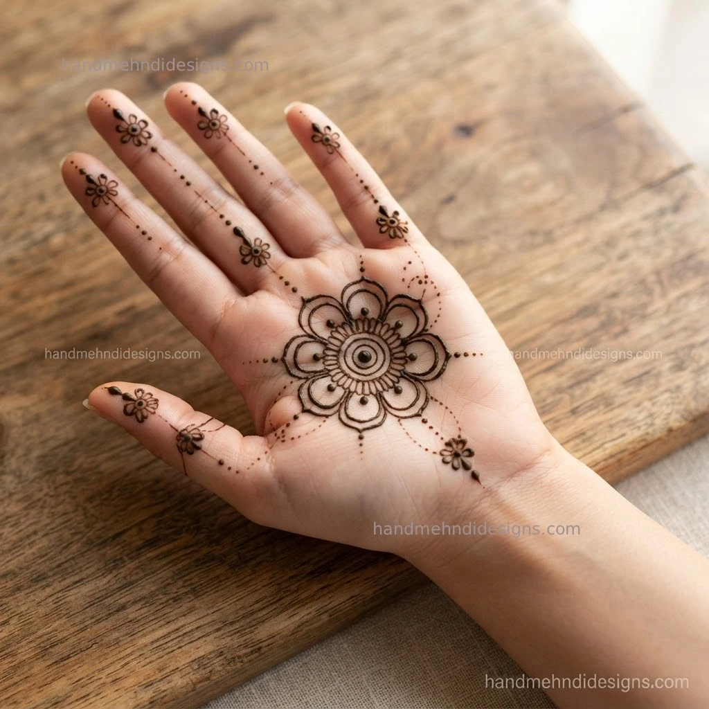 Floral mandala front hand mehndi with layered petals, a circular center, and delicate dotted finger trails.