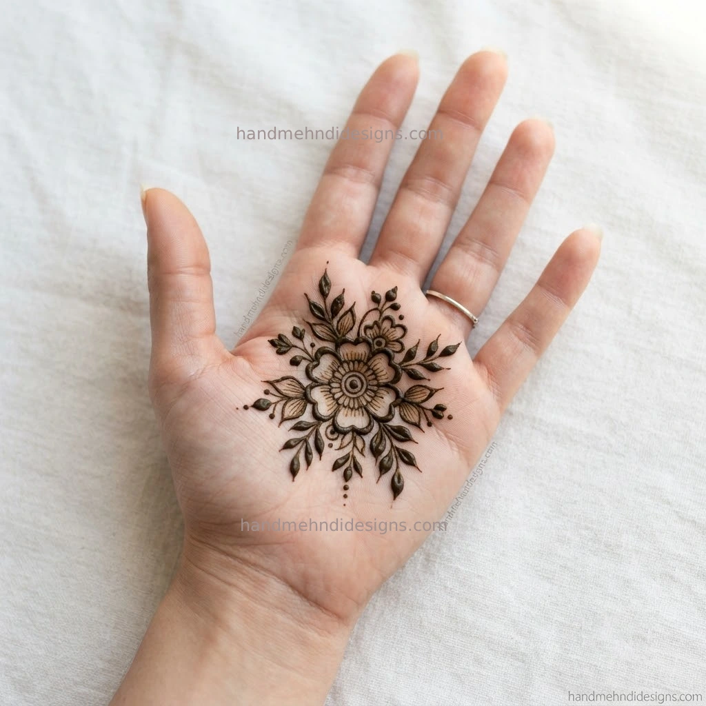 Simple front hand mehndi featuring a small central flower with delicate leaves and tiny dots on the palm.