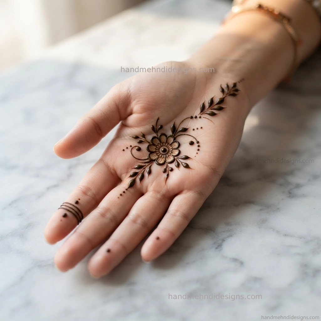 Easy front hand floral mehndi design with a small central flower, rounded petals, delicate curved lines, and simple finger details.