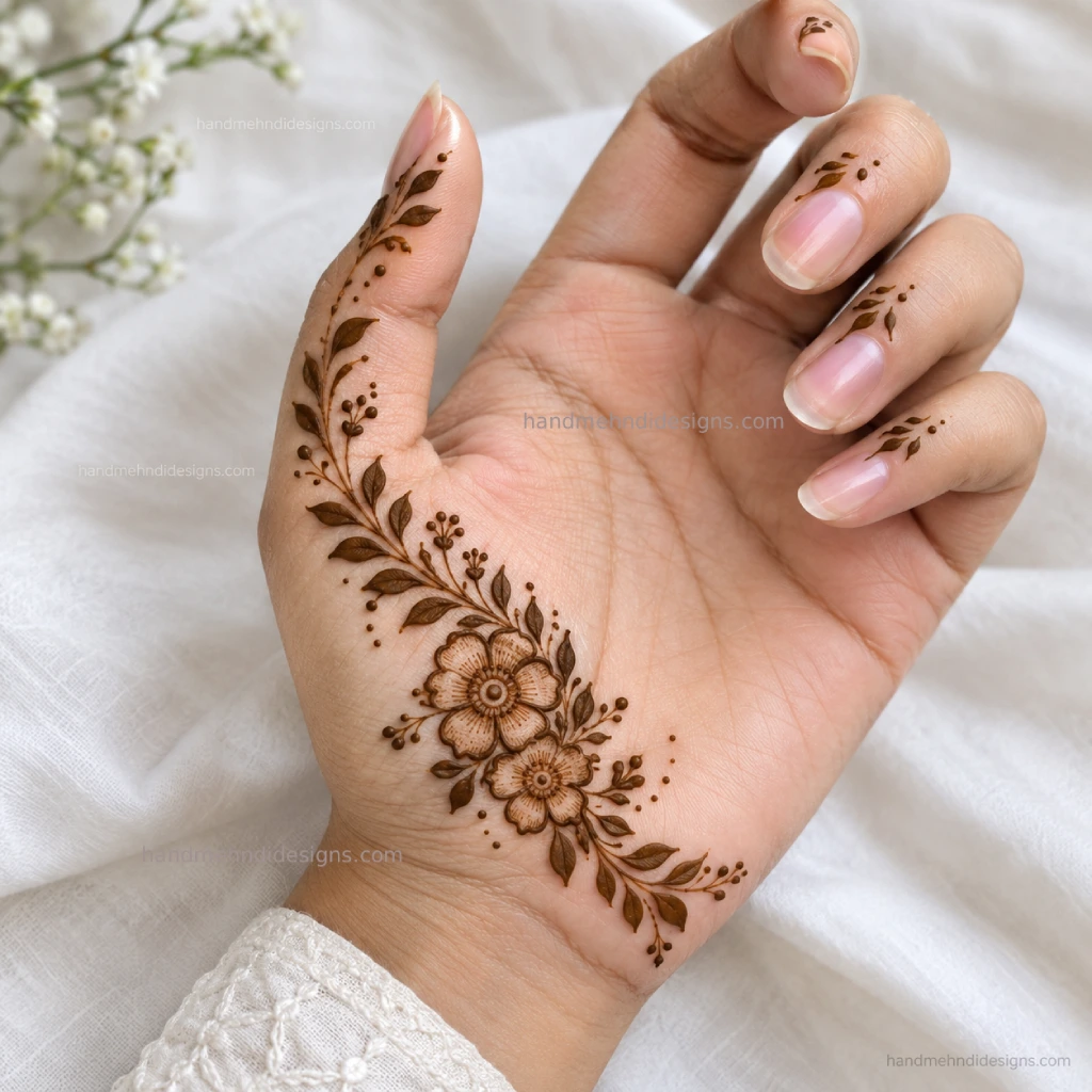 Half palm mehndi featuring a small side floral cluster, leafy branch, and scattered dots near the thumb.