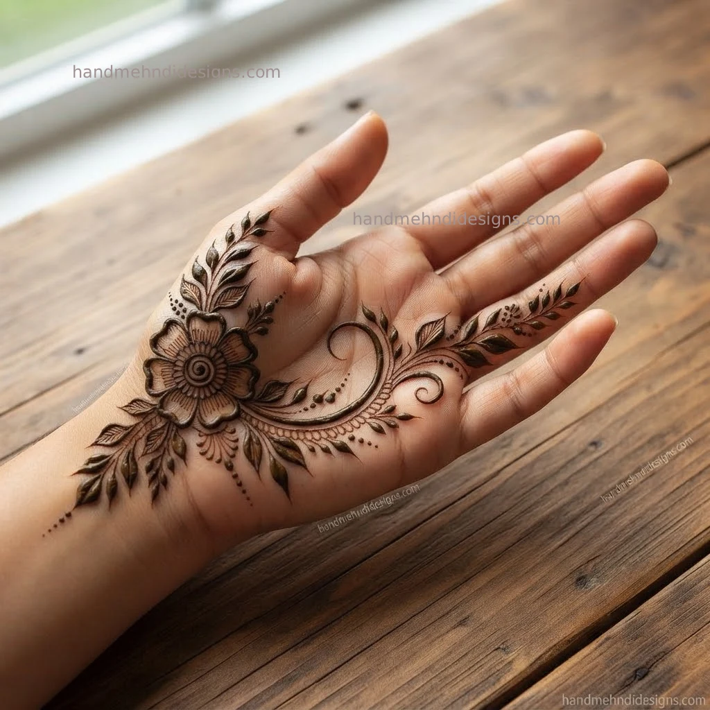 Small lotus front hand mehndi with layered pointed petals, a dotted semicircle, and two delicate leafy extensions.