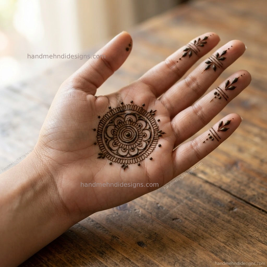 Beginner-friendly front hand mandala mehndi with concentric circles, rounded petals, and tiny dots at the center of the palm.