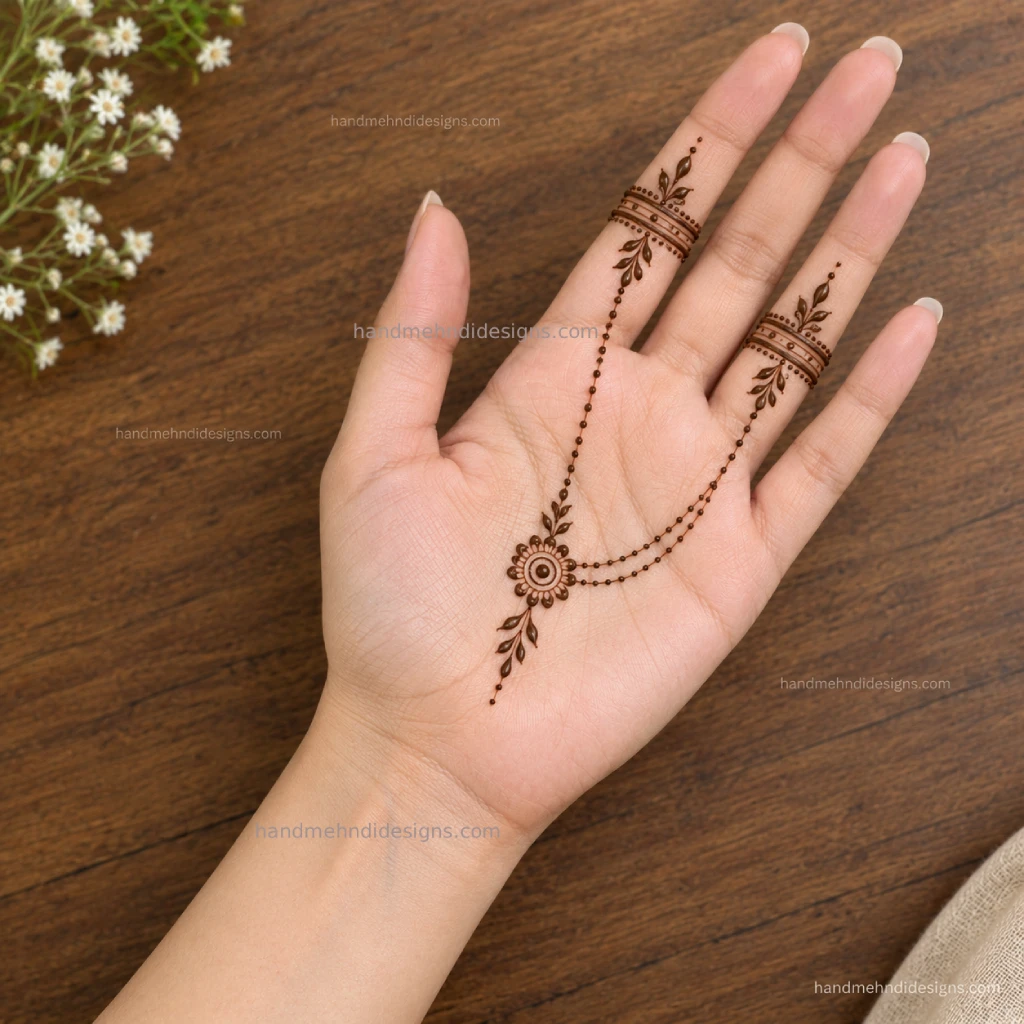 Front hand ring-style mehndi featuring delicate finger bands connected to a small palm motif with fine chains.