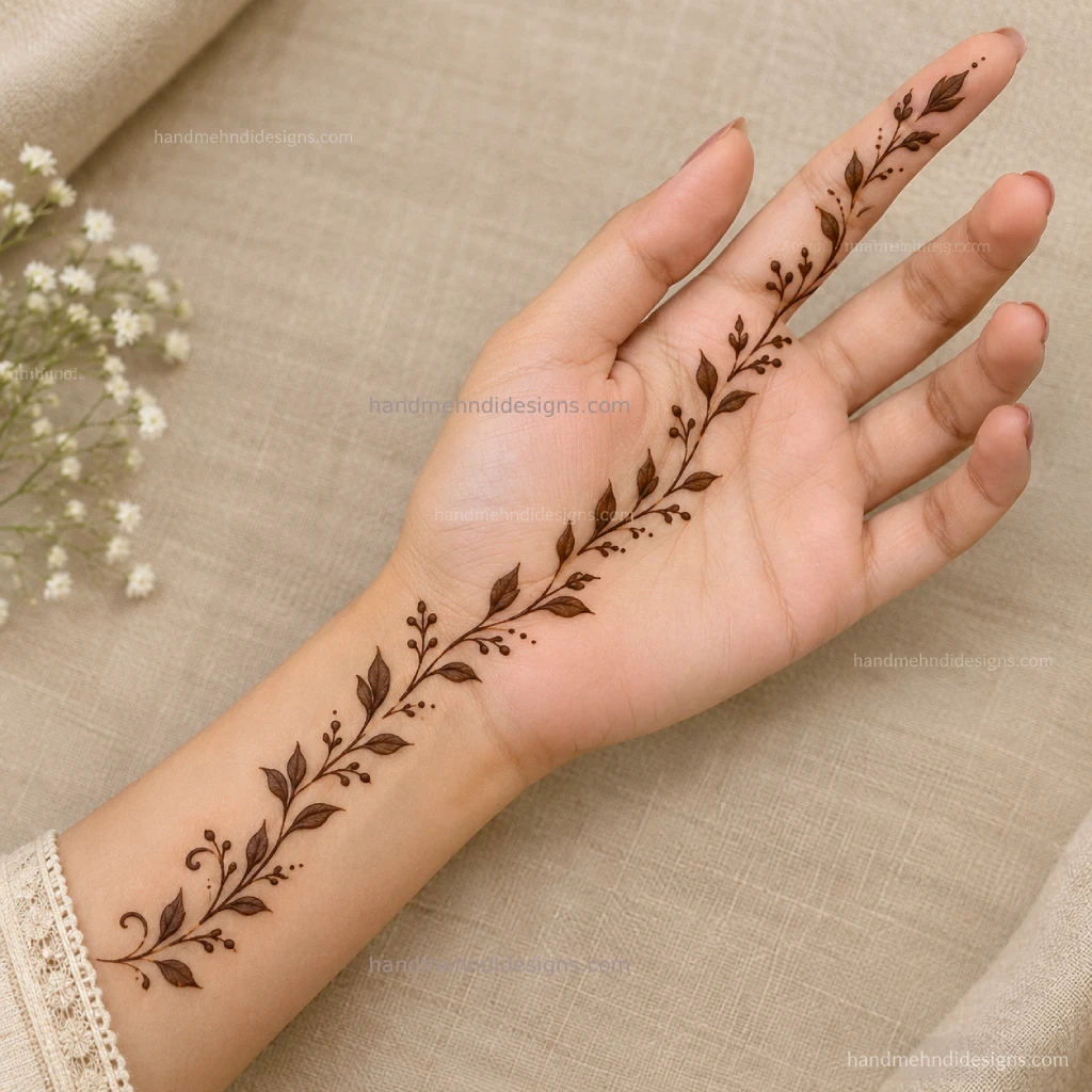 Simple front hand vine mehndi flowing from the wrist toward the index finger with pointed leaves and tiny buds.