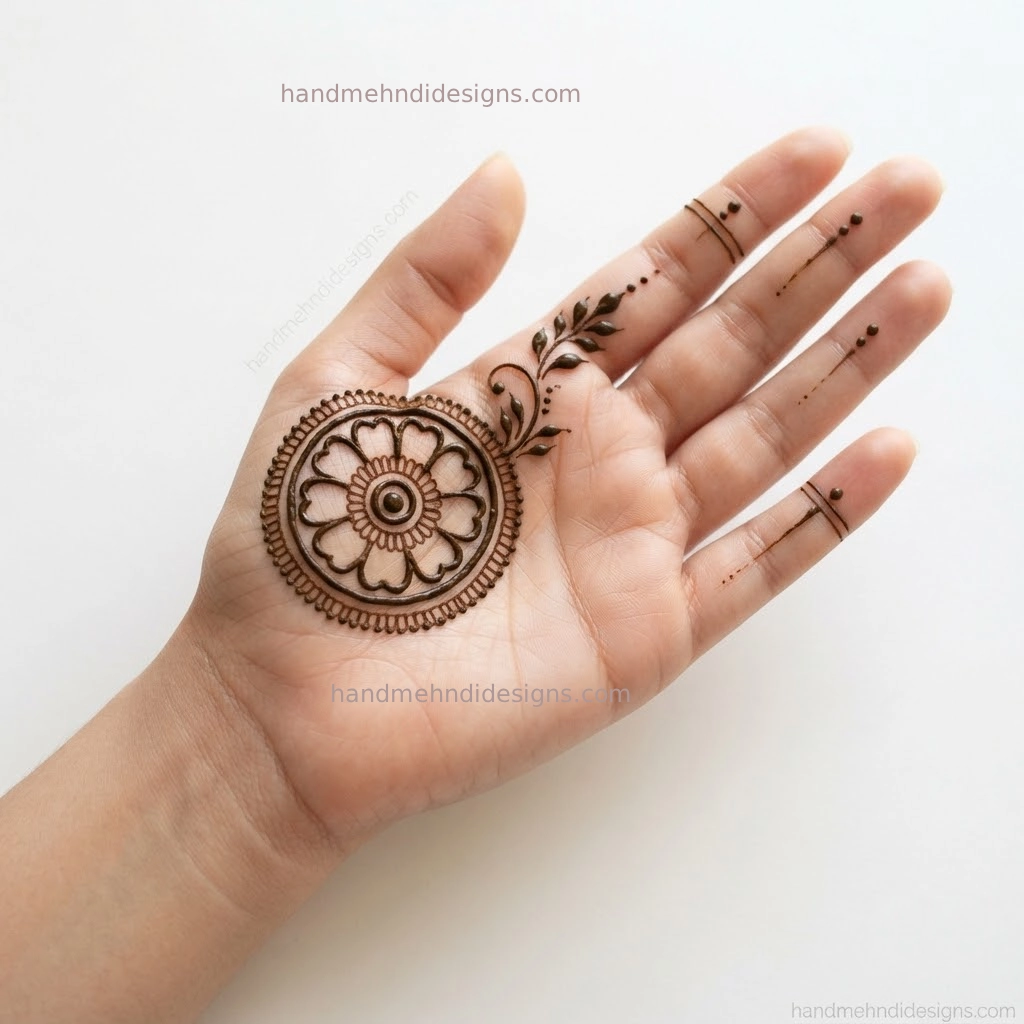 Easy half palm mandala mehndi design with a small floral circle, dotted border, and short leafy extension.