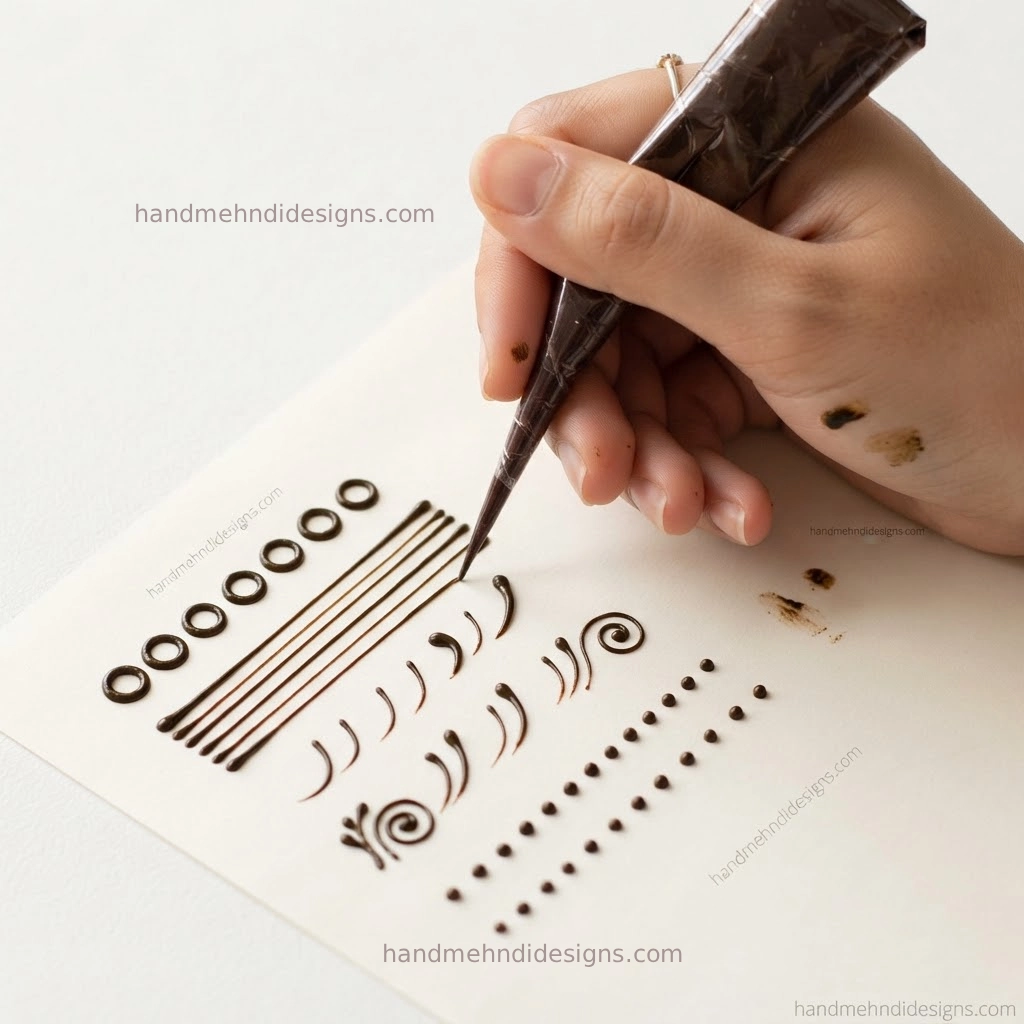 Beginner mehndi cone control practice showing a hand drawing neat circles, curved lines, and dots on a practice sheet.
