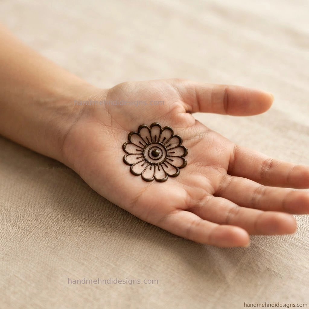 Easy mehndi design second step showing rounded petals added around a central circle to create a simple floral mandala.