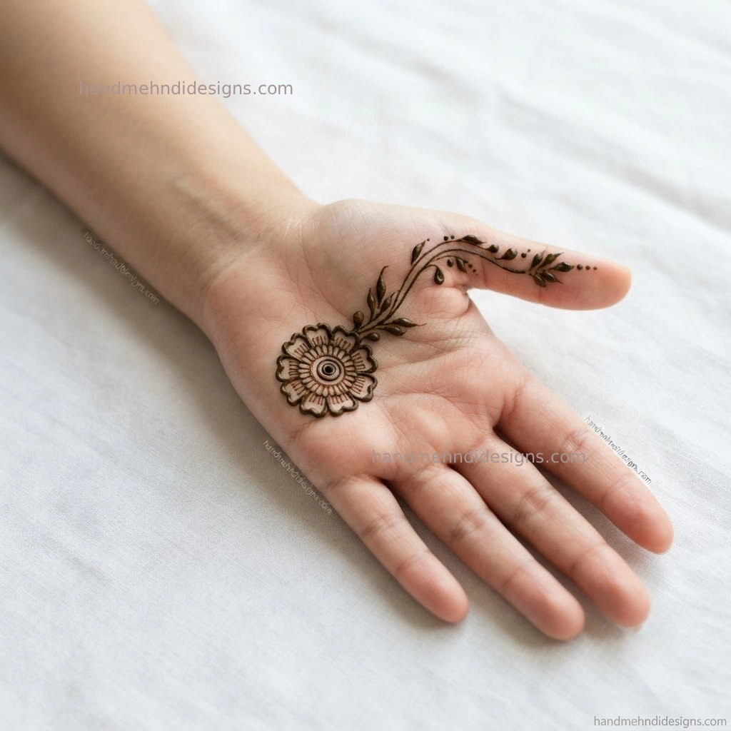 Easy mehndi design third step showing a floral mandala extended with a curved leafy vine, teardrops, and tiny dots.
