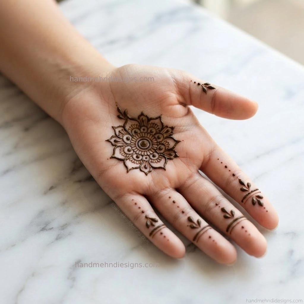 Easy mehndi design fourth step featuring a central floral mandala with simple dotted and curved finger decorations.