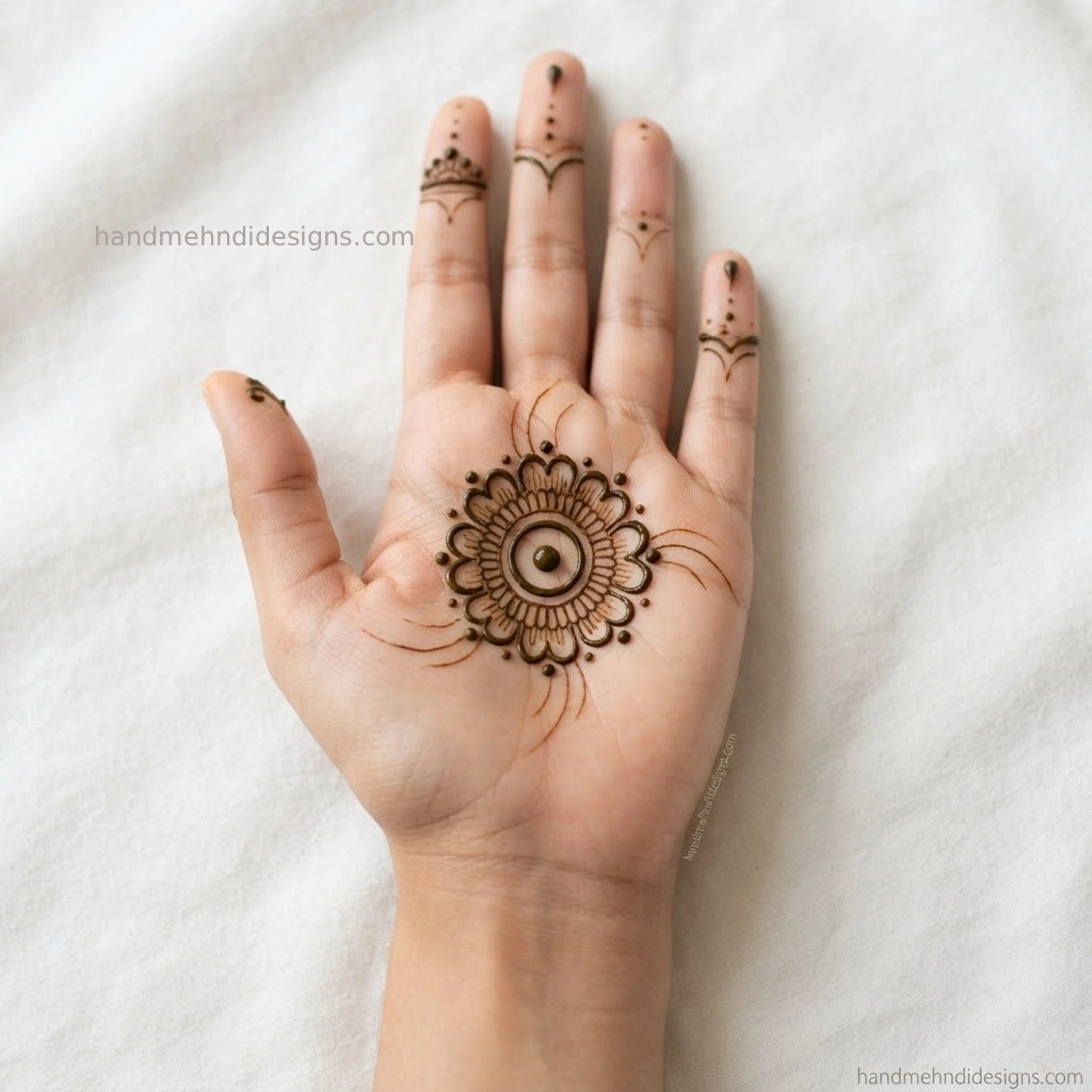 Easy palm mehndi design featuring a small circular mandala with rounded petals and tiny dots in a minimal beginner-friendly layout.