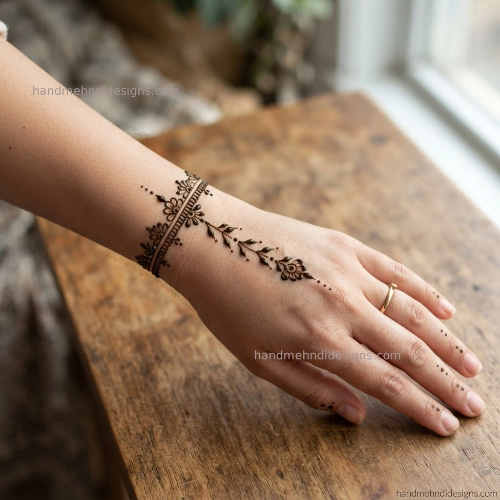 Easy wrist mehndi design featuring a delicate floral bracelet band with tiny leaves and dotted extensions.