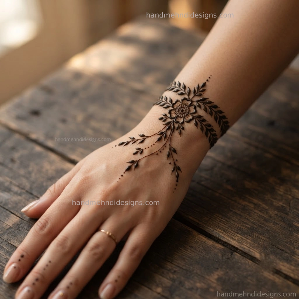 Elegant wrist mehndi bracelet combining small leaves, a floral centerpiece and delicate vine details