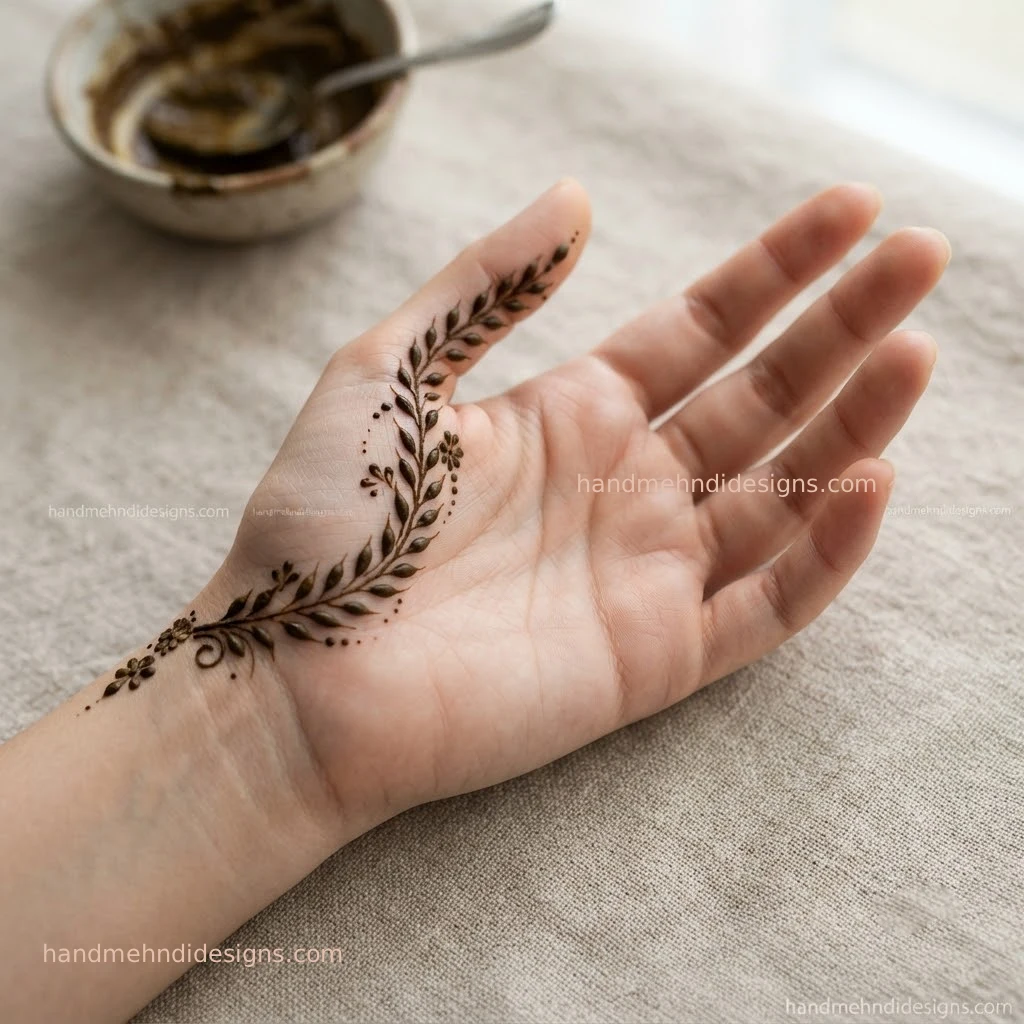 Front hand side mehndi with a delicate leaf vine along the thumb-side edge of the palm