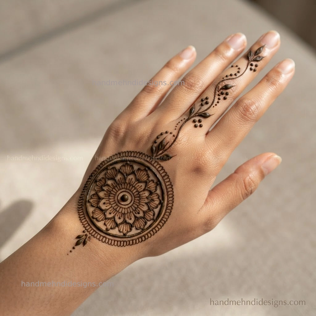 Front hand mandala mehndi near the lower palm with pointed petals, double borders and dot clusters