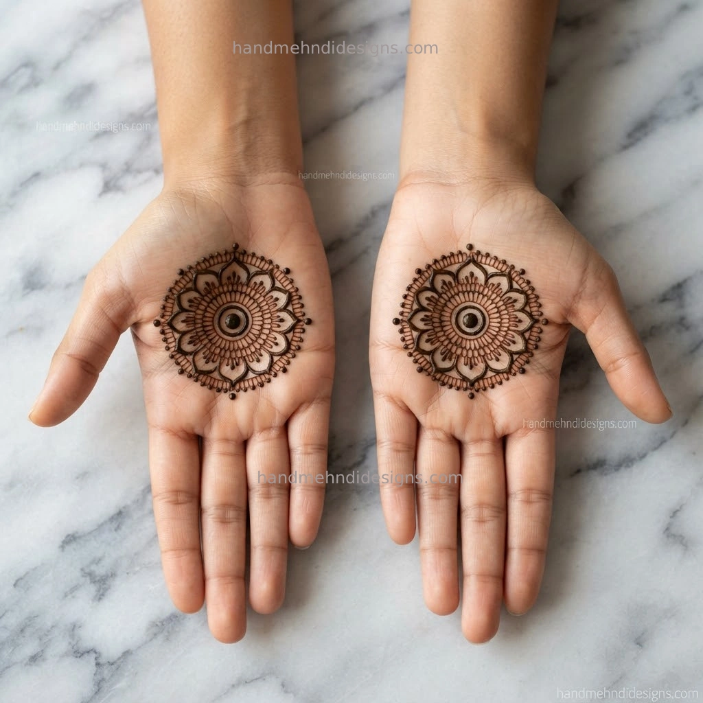 Half palm mehndi featuring a layered circular mandala with petals and an outer dotted border