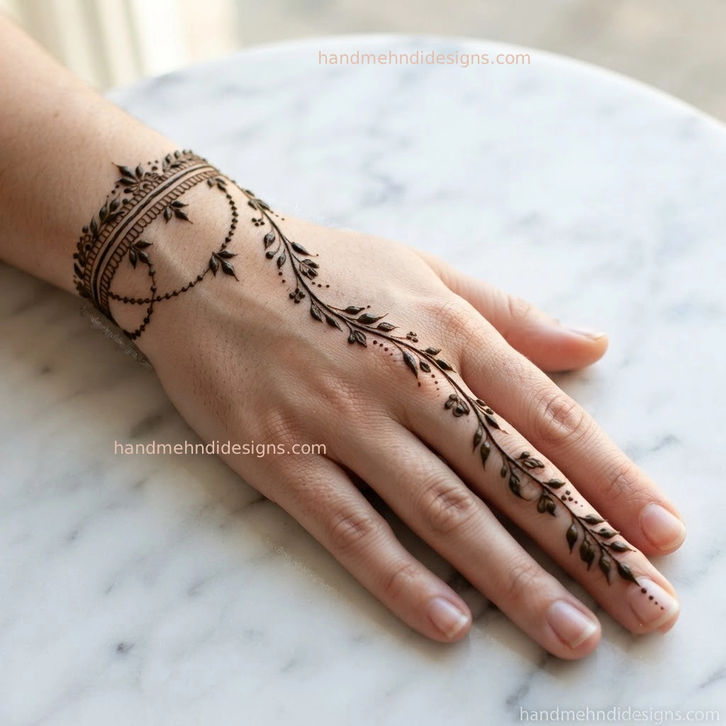 Minimal finger mehndi with a small leaf crown motif and delicate dotted details