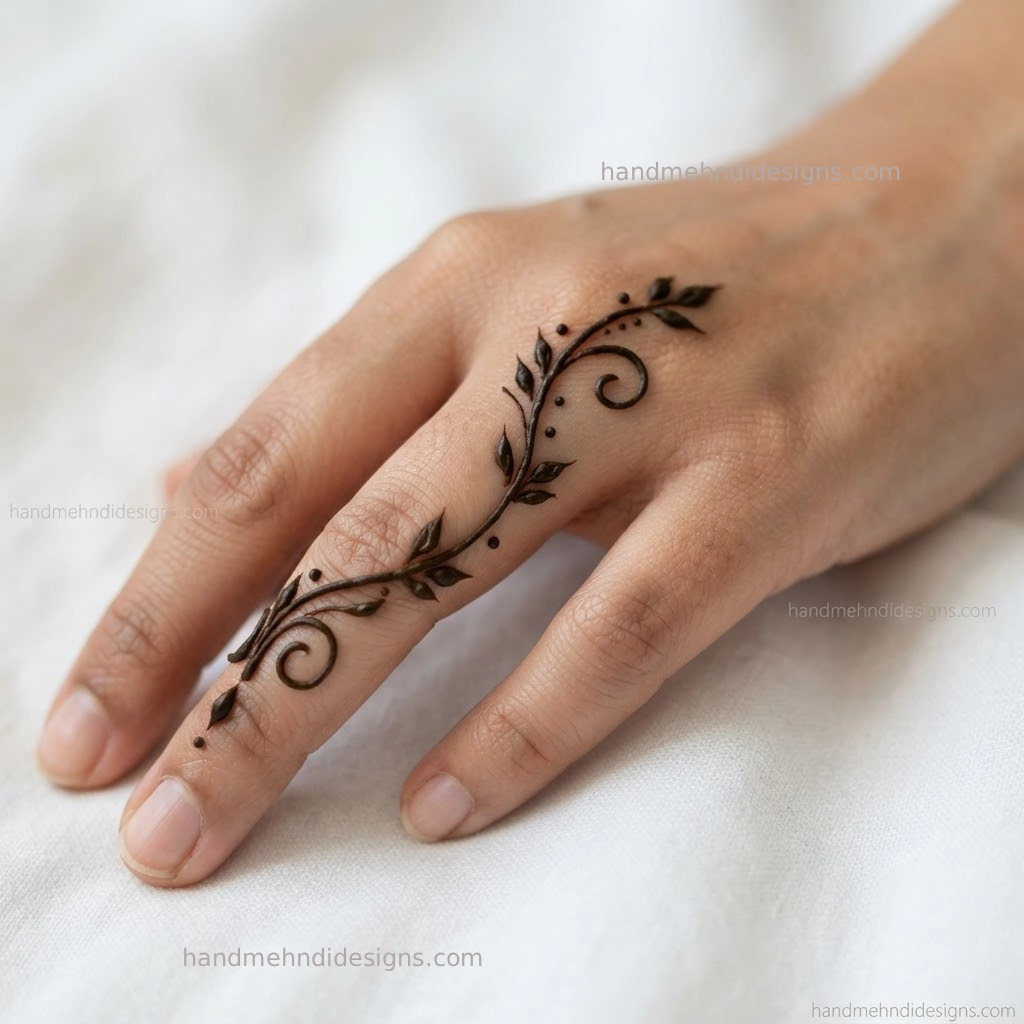 Ring finger mehndi with a thin leafy vine and tiny dotted accents