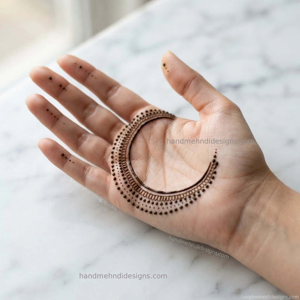 Minimal palm crescent dot mehndi featuring a curved line of tiny henna dots