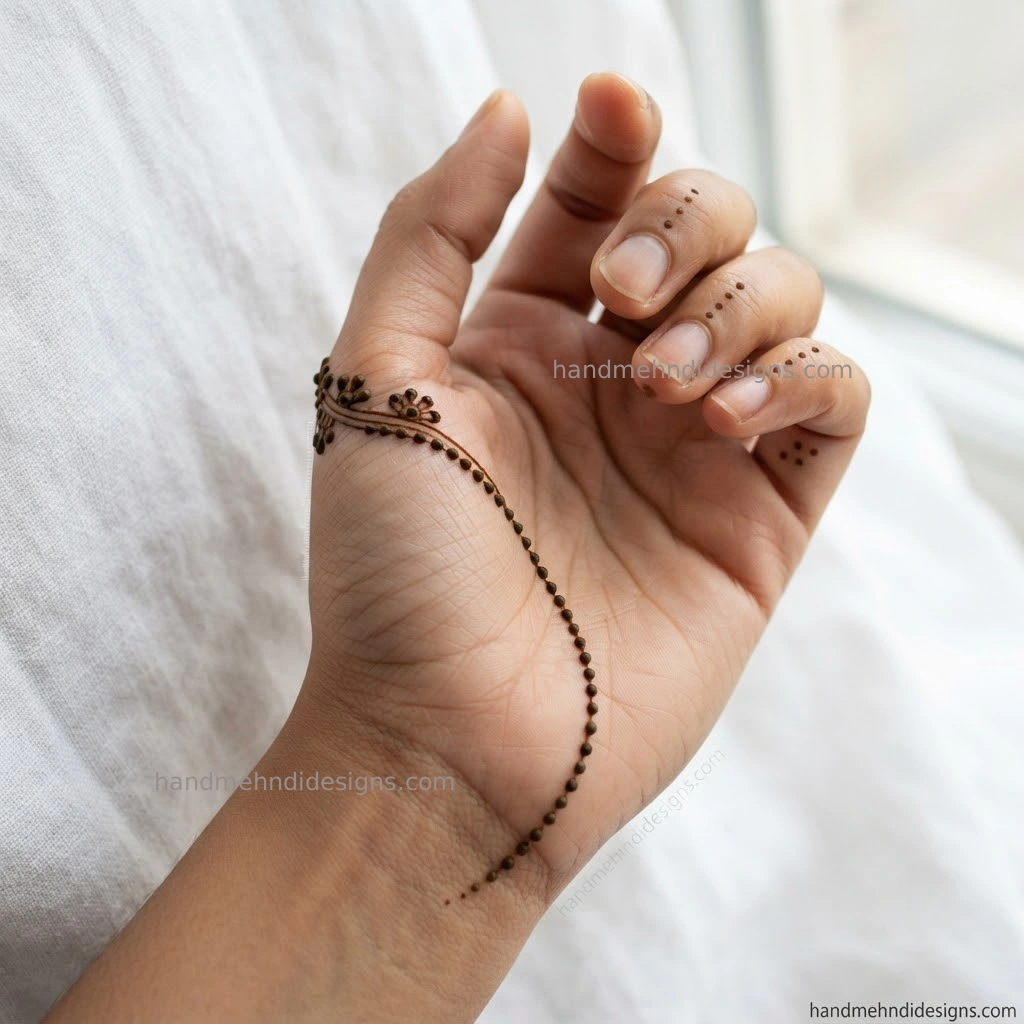 Minimal side palm dot mehndi with a curved dotted trail along the palm edge