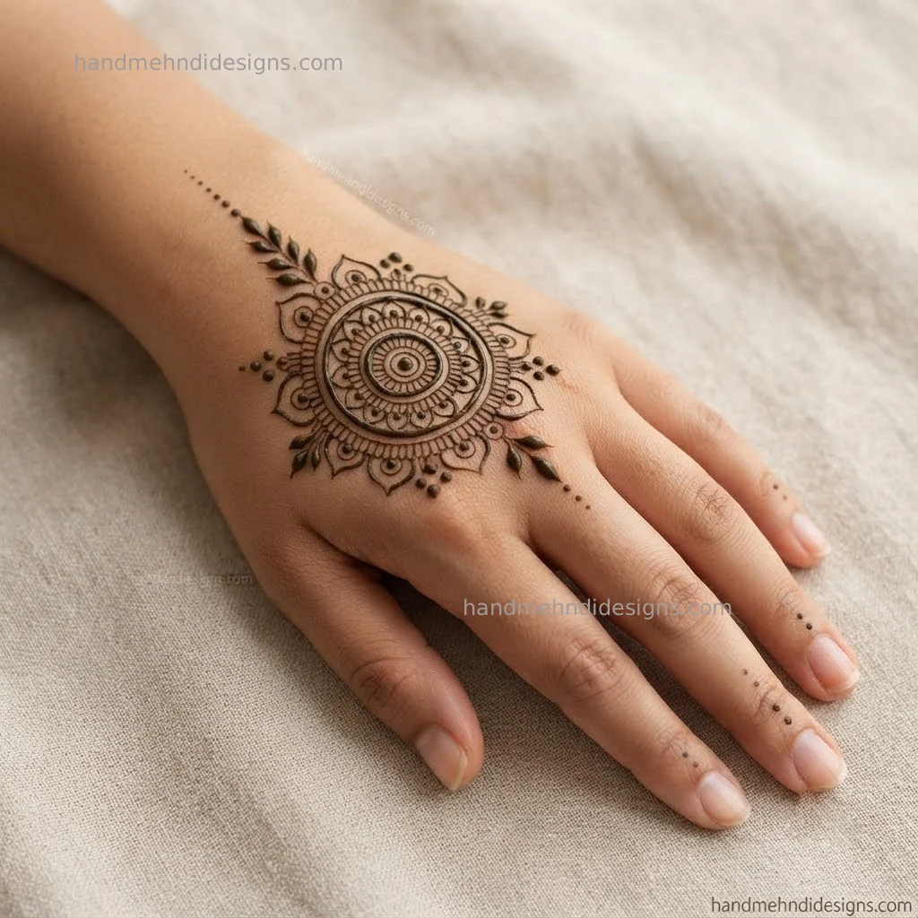 Minimal back hand mehndi with an off-center circular mandala, geometric petals and dotted accents