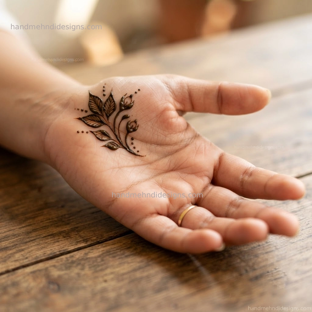 Palm mehndi with a small leaf and floral bud cluster positioned in one corner
