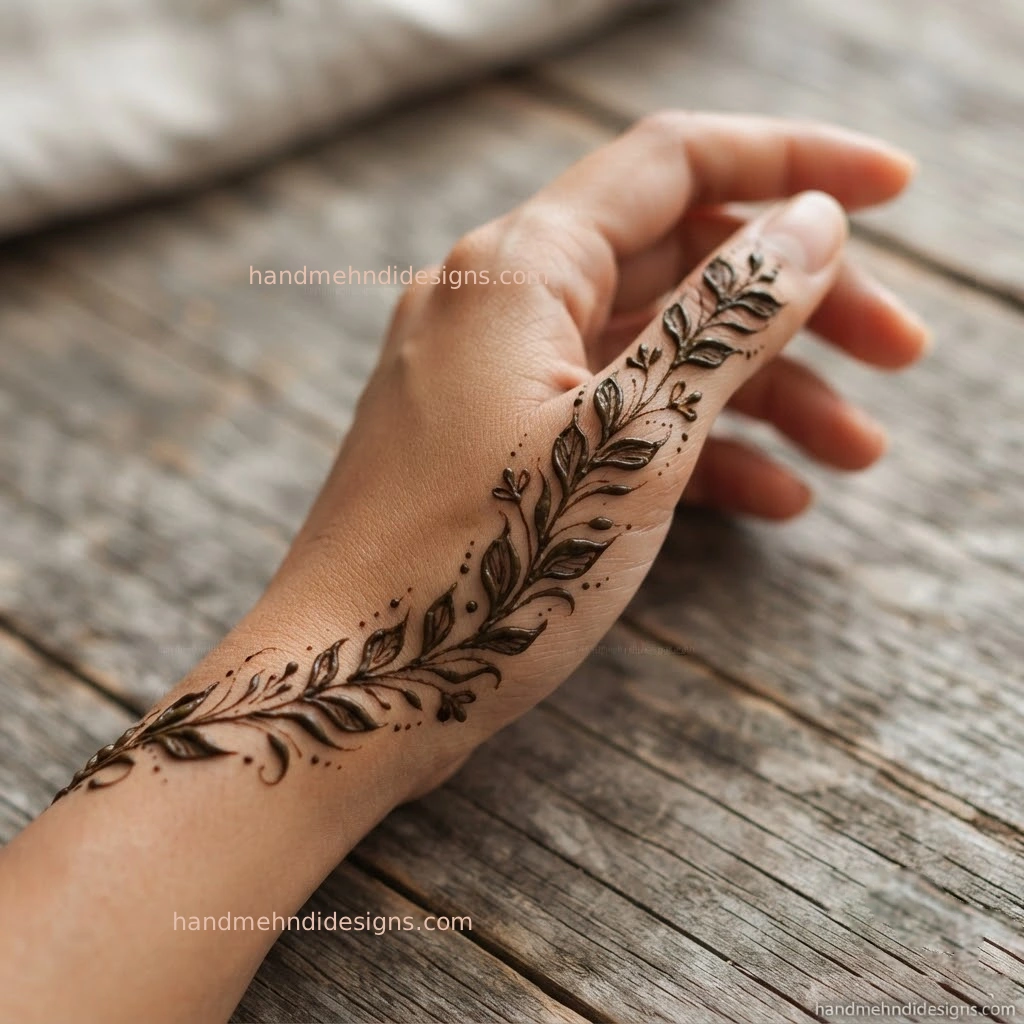 Delicate leaf trail running along the side of the hand from wrist toward the little finger
