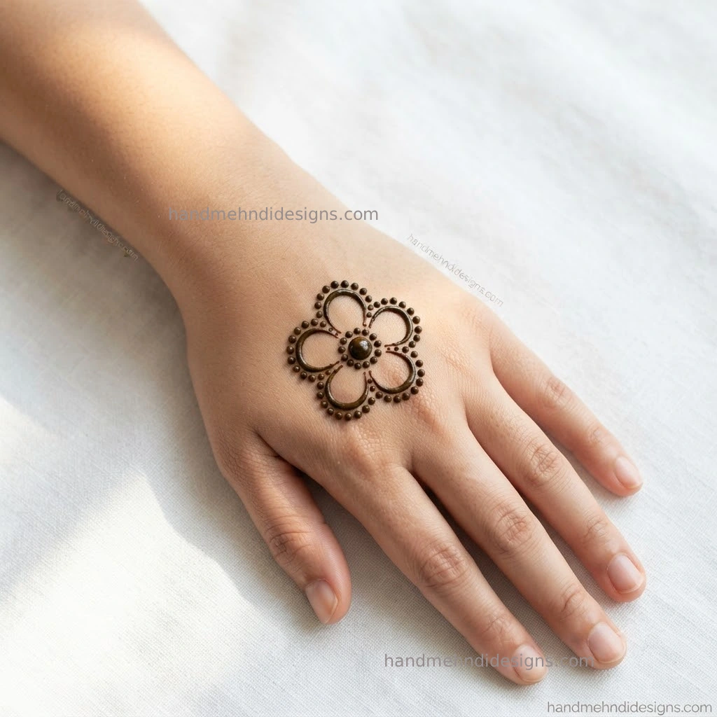 Simple back hand dot flower mehndi made from rounded dots around a small center