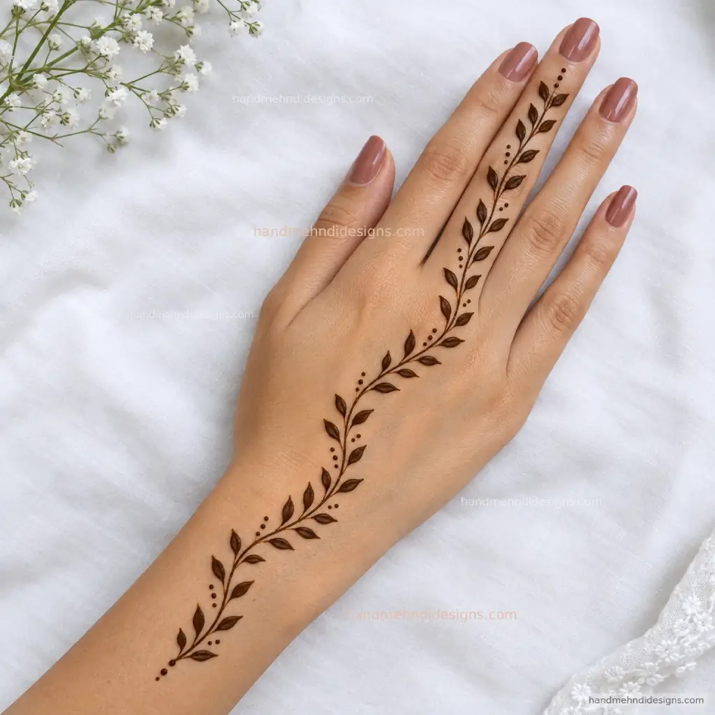 Simple back hand mehndi design with a thin leafy vine and tiny dots across the center