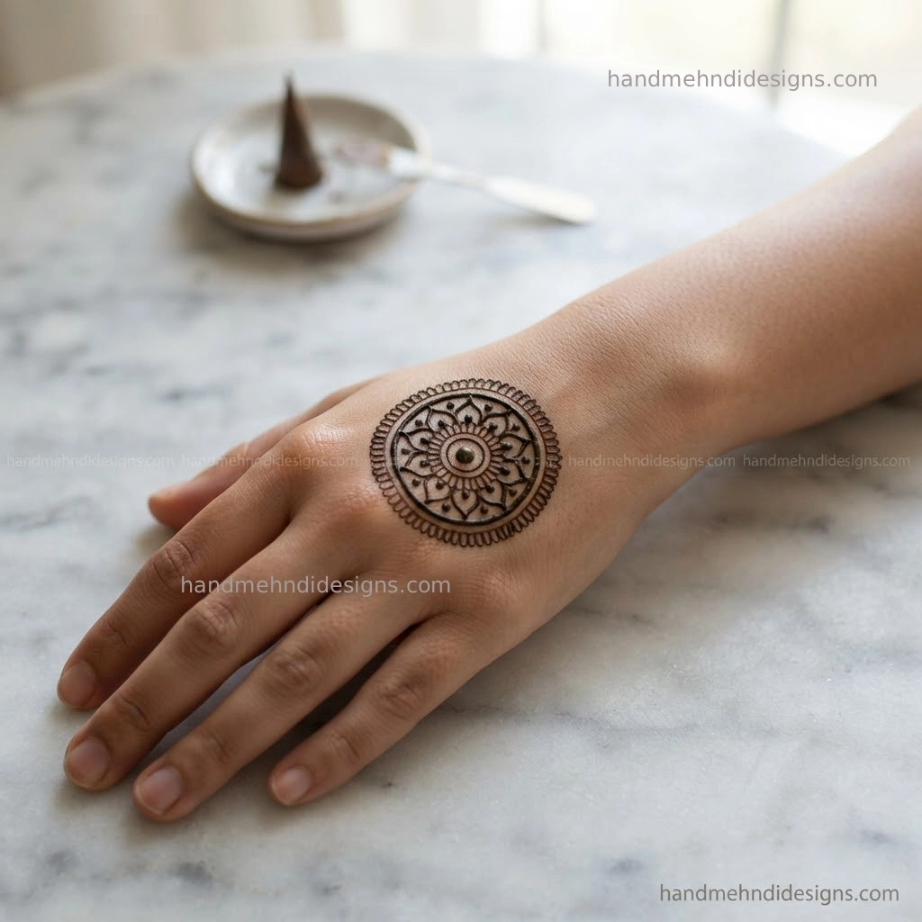 Minimal back hand mandala mehndi featuring a circular center, pointed petals and fine dots