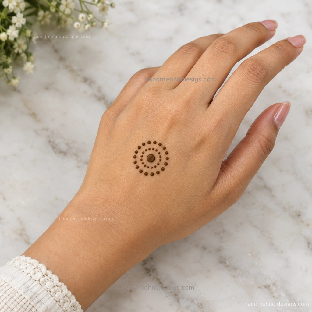 Circular dot mehndi design with tiny dots forming a symmetrical pattern on the back hand