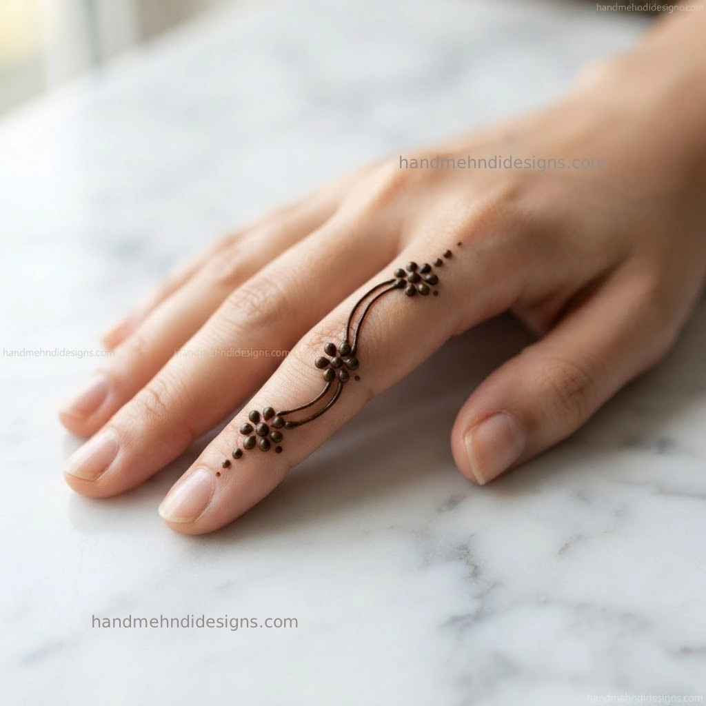 Simple finger floral dot mehndi with tiny dotted flowers connected along the finger