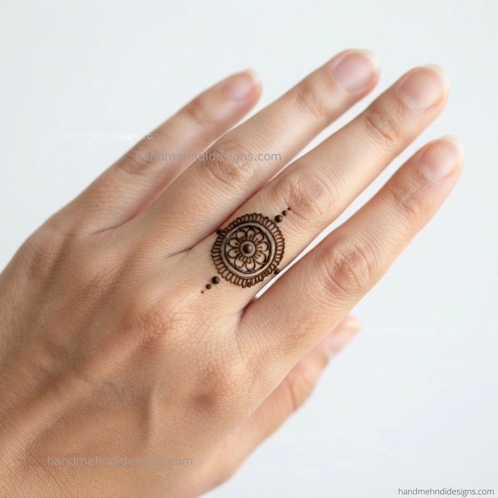 Tiny finger mandala mehndi with a central dot, miniature petals and a fine circular border